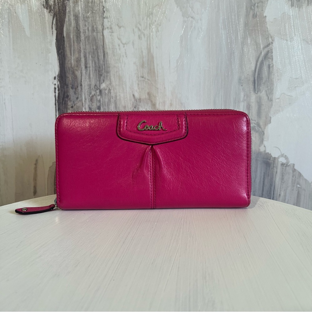 Coach Fuchsia Ashley Zip Around Leather Wallet